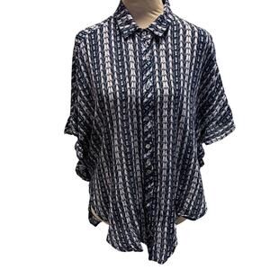 Ivy Jane Metallic Striped Ruffled Crepe Blouse Navy S/M